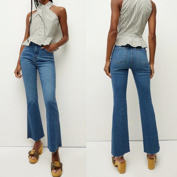 Veronica Beard Carson Ankle Flare High Rise Raw Hem Blue Denim Jeans Size 26 - Picture 1 of 11